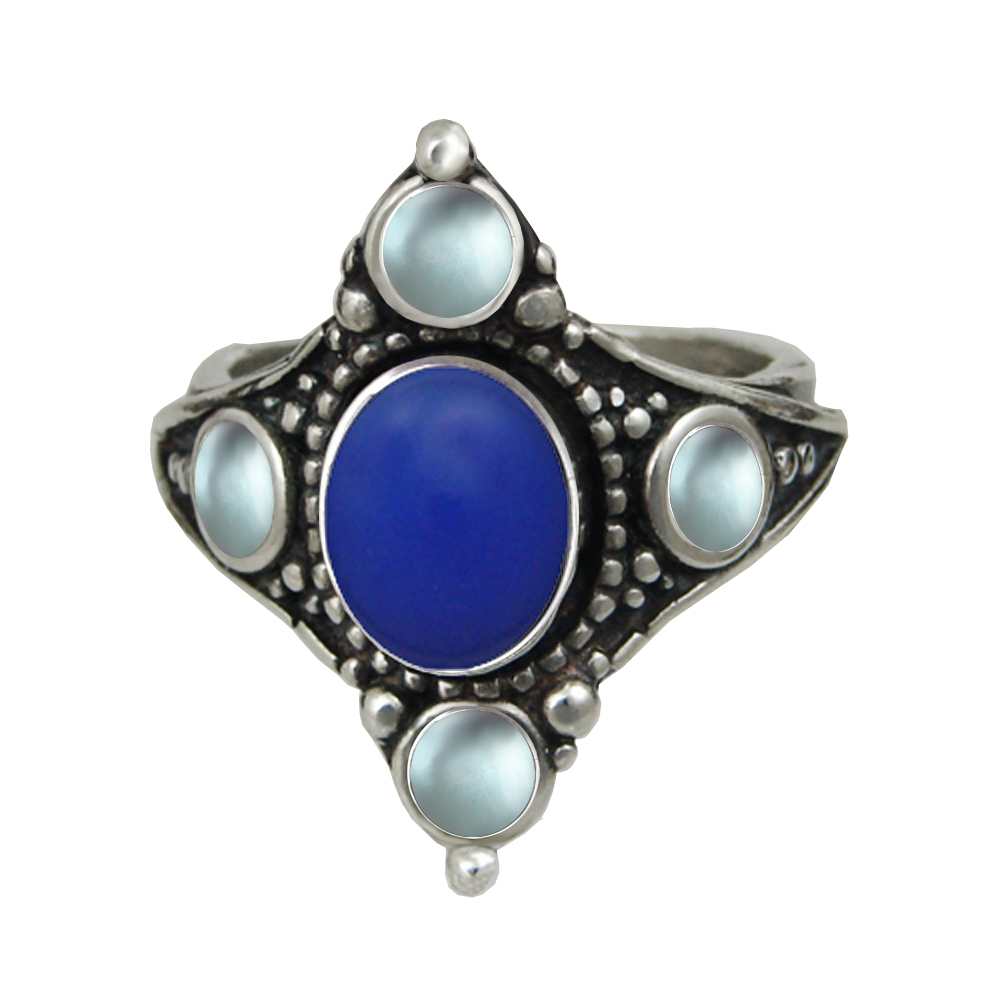 Sterling Silver Renaissance Queen's Ring With Blue Onyx And Blue Topaz Size 10